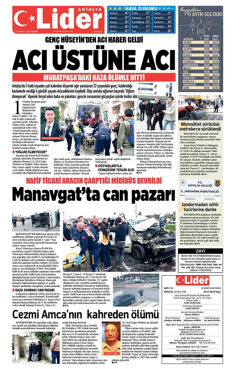 22 Ş U B A T 2026 L İ D E R G A Z E T E A N T A L Y A 3