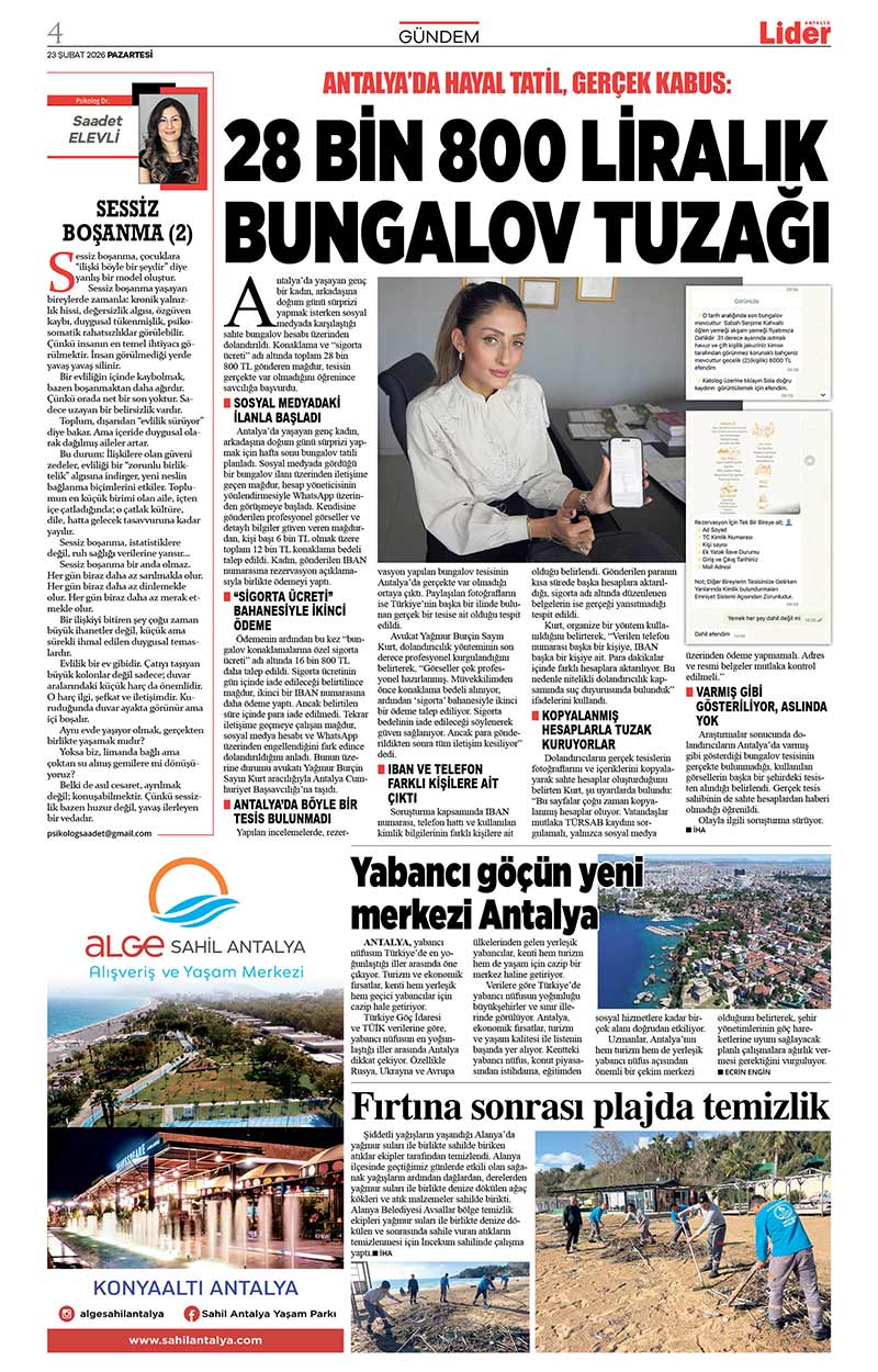 23 Ş U B A T 2026 L İ D E R G A Z E T E A N T A L Y A 4