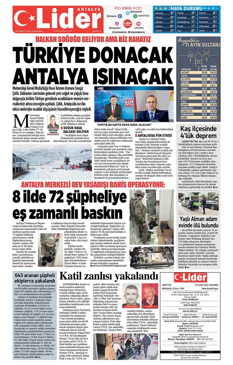 25 Ş U B A T 2026 L İ D E R G A Z E T E A N T A L Y A 3