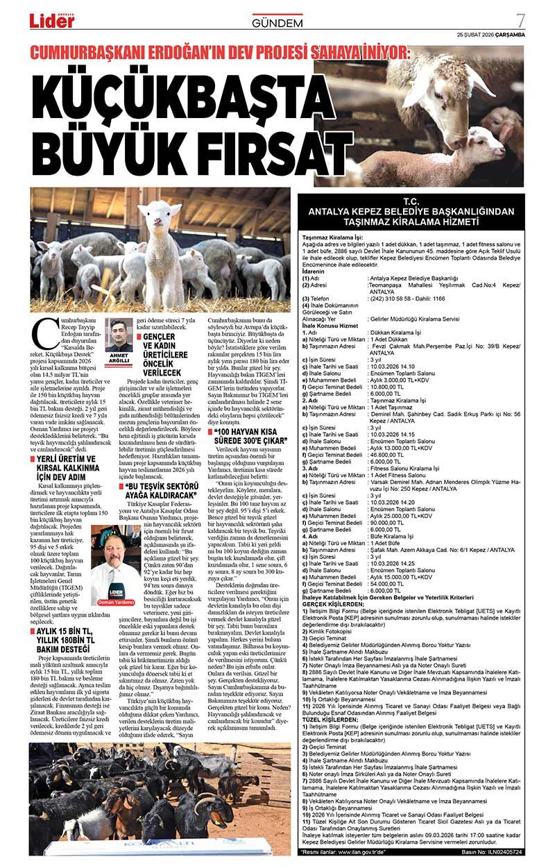 25 Ş U B A T 2026 L İ D E R G A Z E T E A N T A L Y A 7