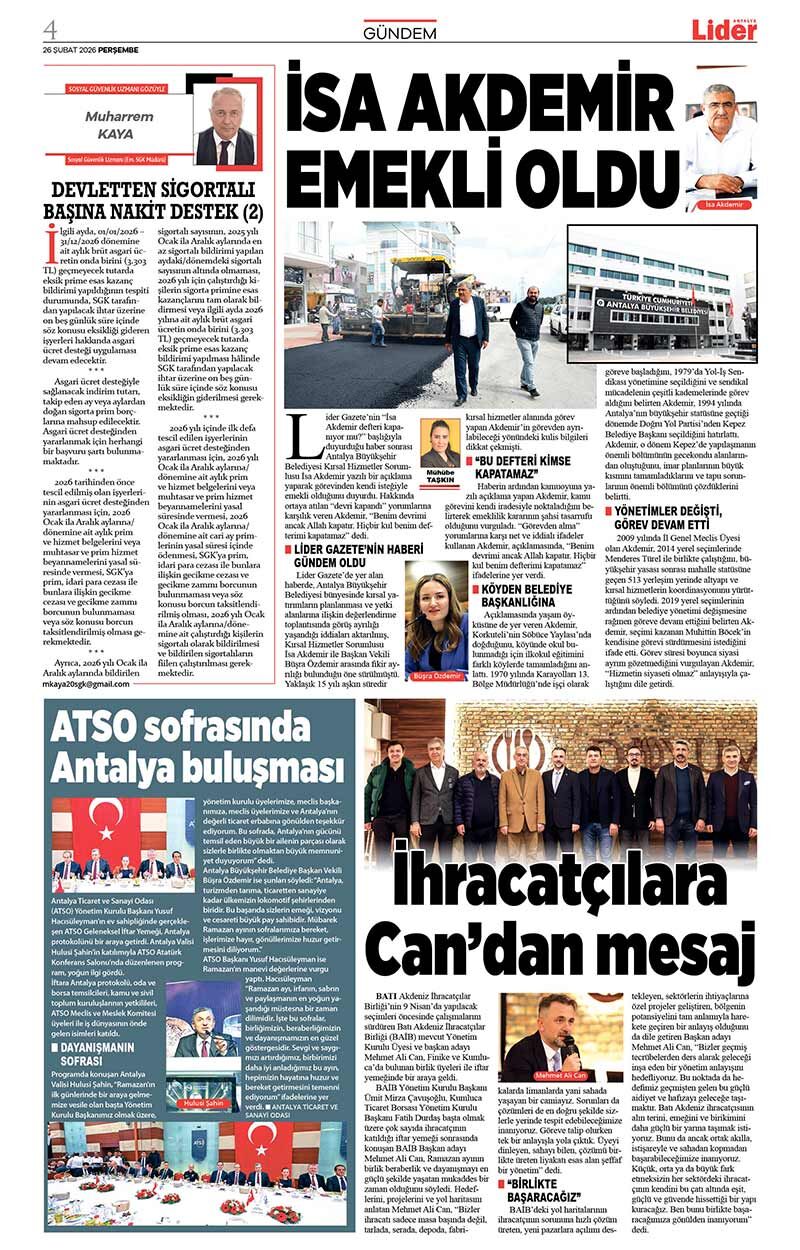 26 Ş U B A T 2026 L İ D E R G A Z E T E A N T A L Y A 4