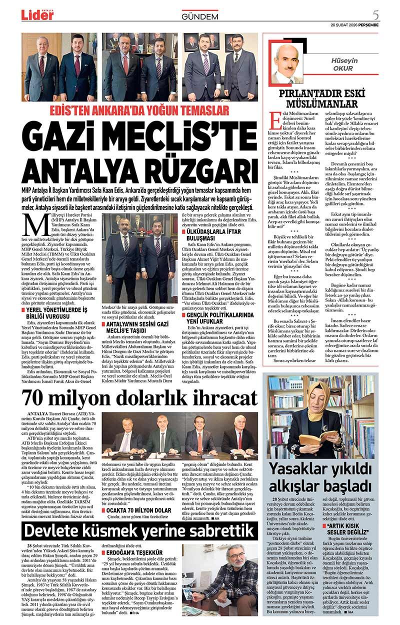26 Ş U B A T 2026 L İ D E R G A Z E T E A N T A L Y A 5