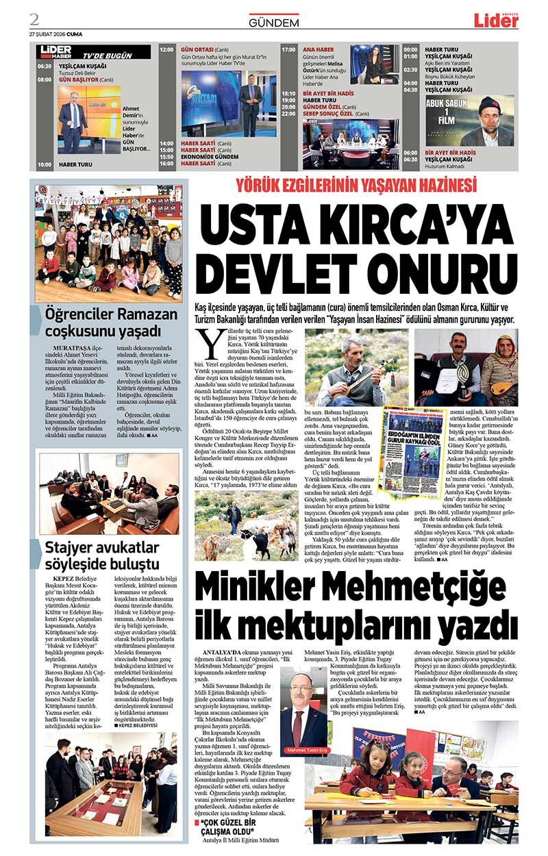 27 Ş U B A T 2026 L İ D E R G A Z E T E A N T A L Y A 2