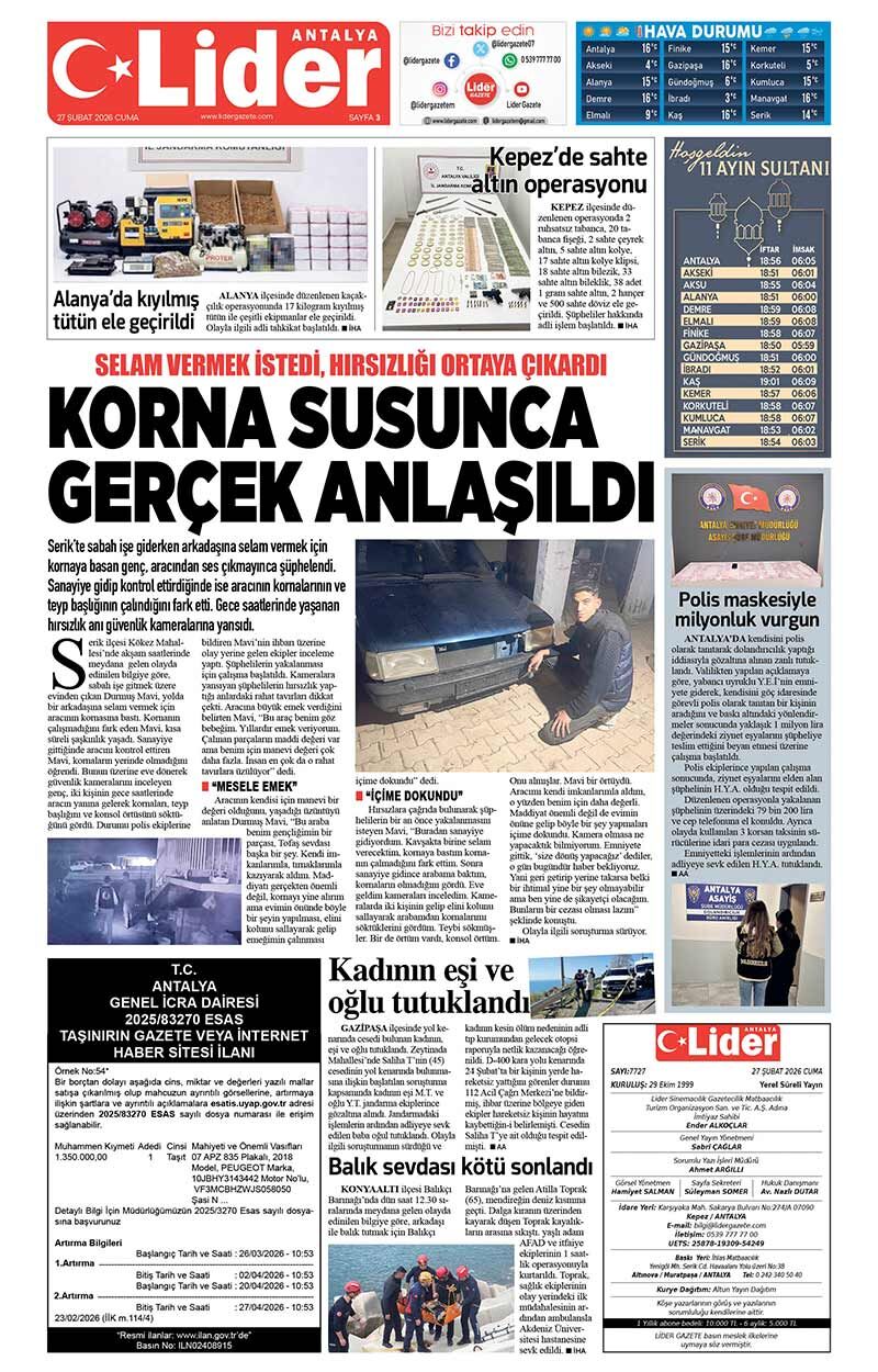 27 Ş U B A T 2026 L İ D E R G A Z E T E A N T A L Y A 3