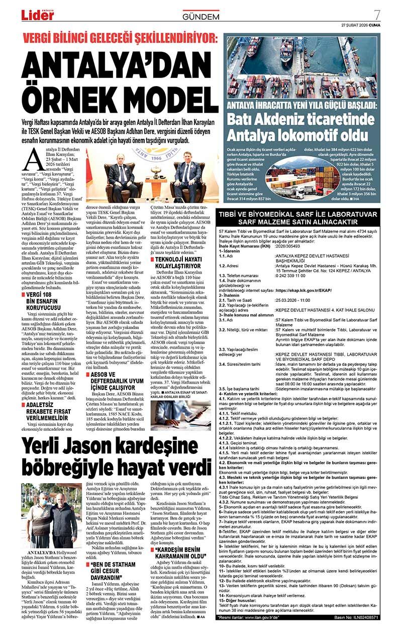 27 Ş U B A T 2026 L İ D E R G A Z E T E A N T A L Y A 7