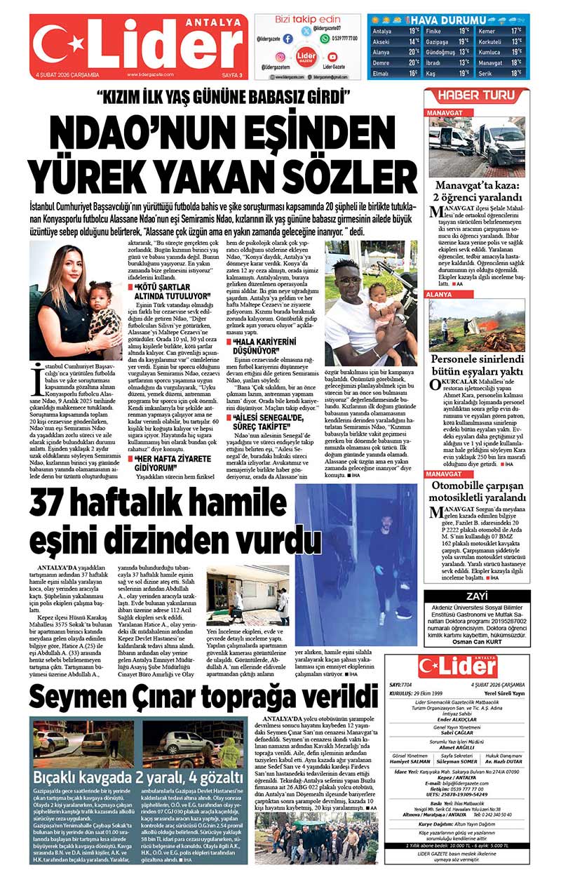 4 Ş U B A T 2026 L İ D E R G A Z E T E A N T A L Y A 3