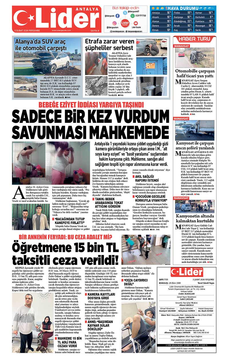 5 Ş U B A T 2026 L İ D E R G A Z E T E A N T A L Y A 3