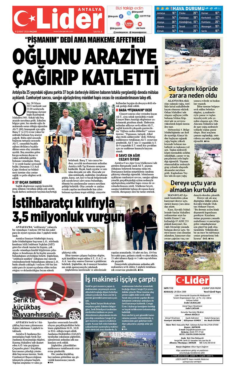 8 Ş U B A T 2026 L İ D E R G A Z E T E A N T A L Y A 3