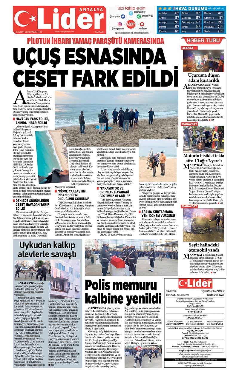 9 Ş U B A T 2026 L İ D E R G A Z E T E A N T A L Y A 3