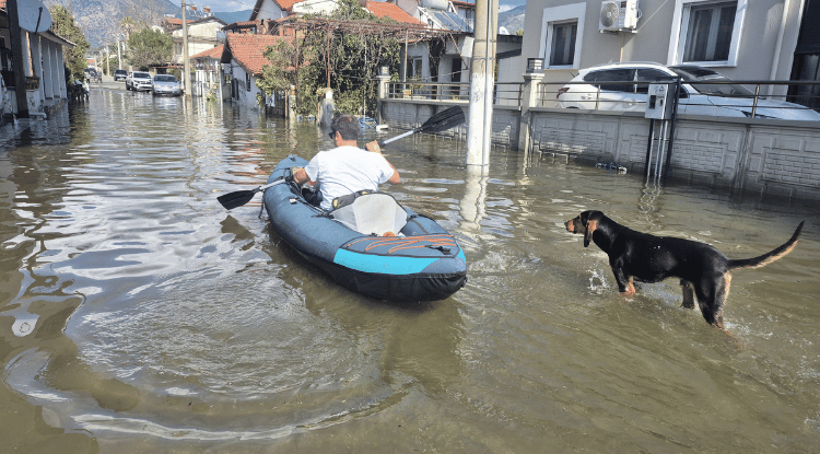Köyceğiz Gölü'nün Taşması Nedeniyle Kanolarla Sokak Aralarında Gezdiler1