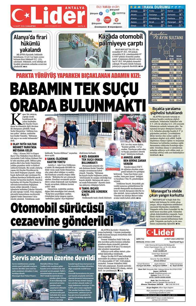 14 M A R T 2026 L İ D E R G A Z E T E A N T A L Y A 3
