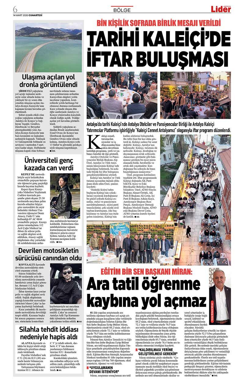 14 M A R T 2026 L İ D E R G A Z E T E A N T A L Y A 6