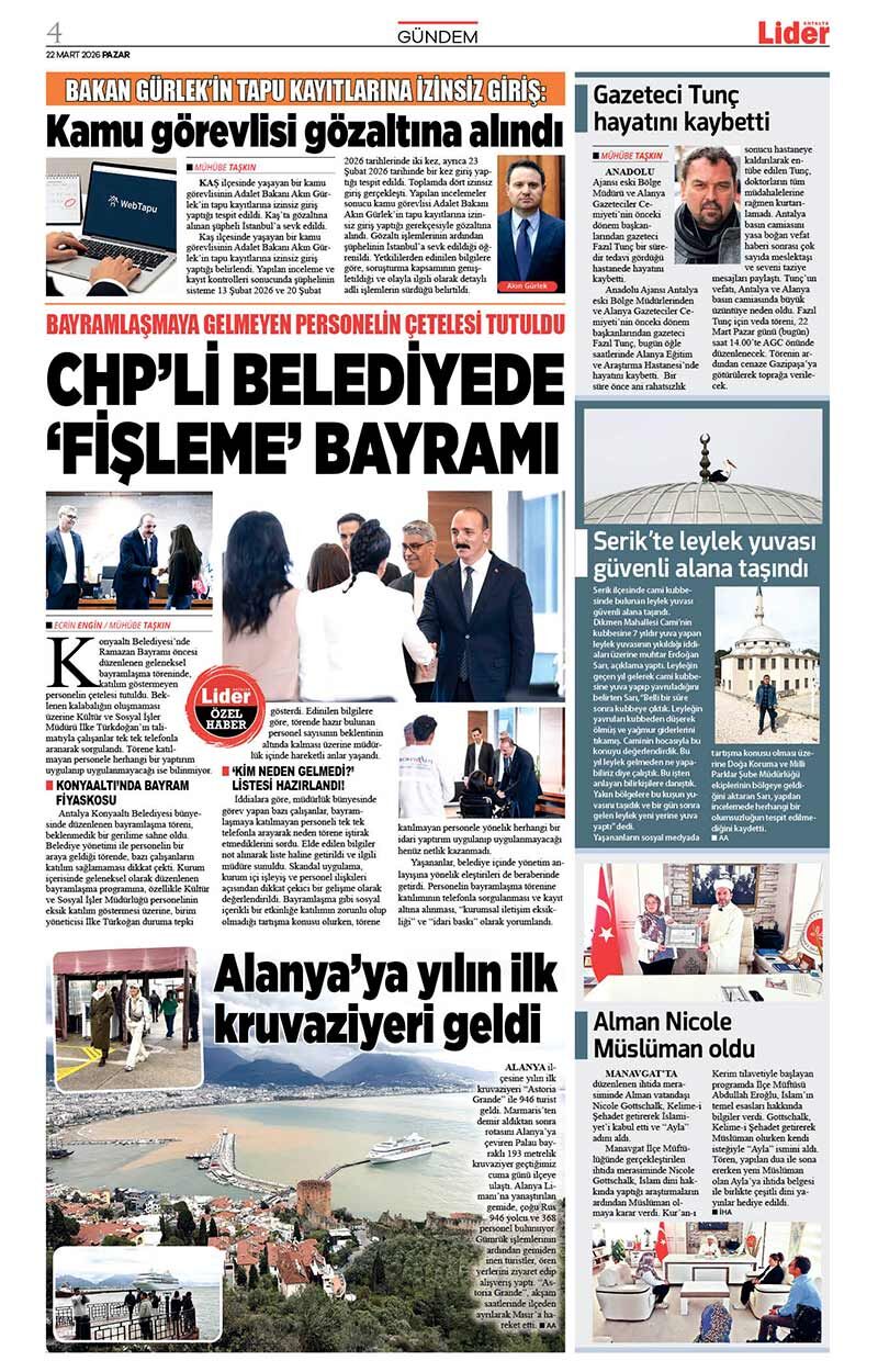 22 M A R T 2026 L İ D E R G A Z E T E A N T A L Y A 4