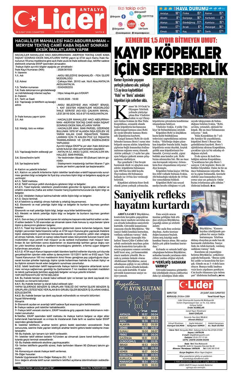 28 Ş U B A T 2026 L İ D E R G A Z E T E A N T A L Y A 3