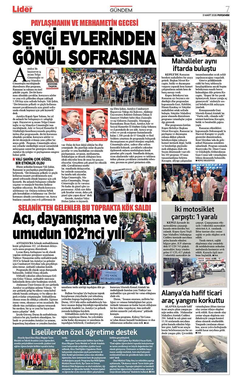 5 M A R T 2026 L İ D E R G A Z E T E A N T A L Y A 7