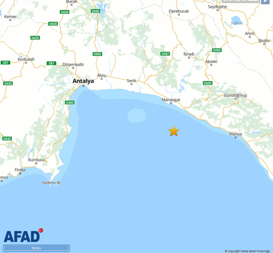 Antalya’nın Manavgat Ilçesi Açıklarında 4,1 Büyüklüğünde Deprem