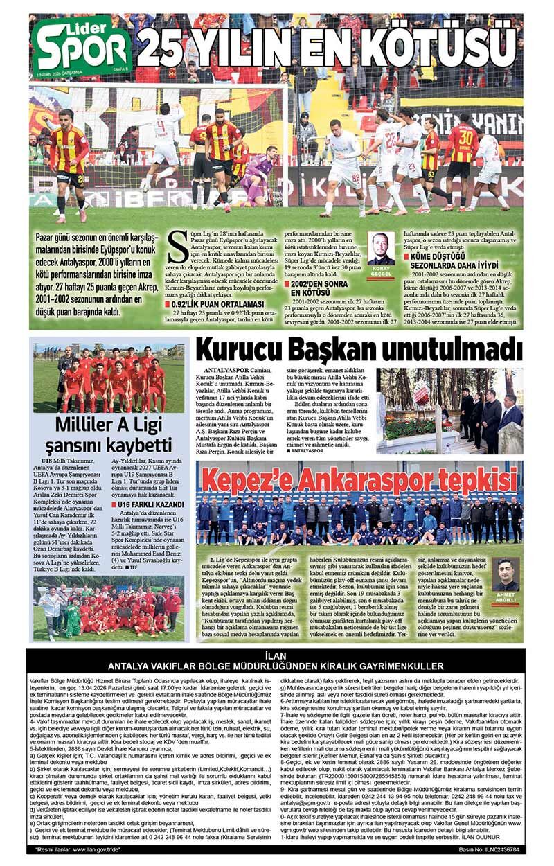 1 N İ S A N 2026 L İ D E R G A Z E T E A N T A L Y A 8