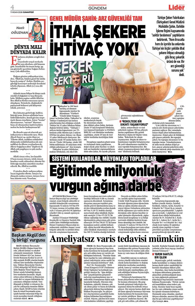 11 N İ S A N 2026 L İ D E R G A Z E T E A N T A L Y A 4