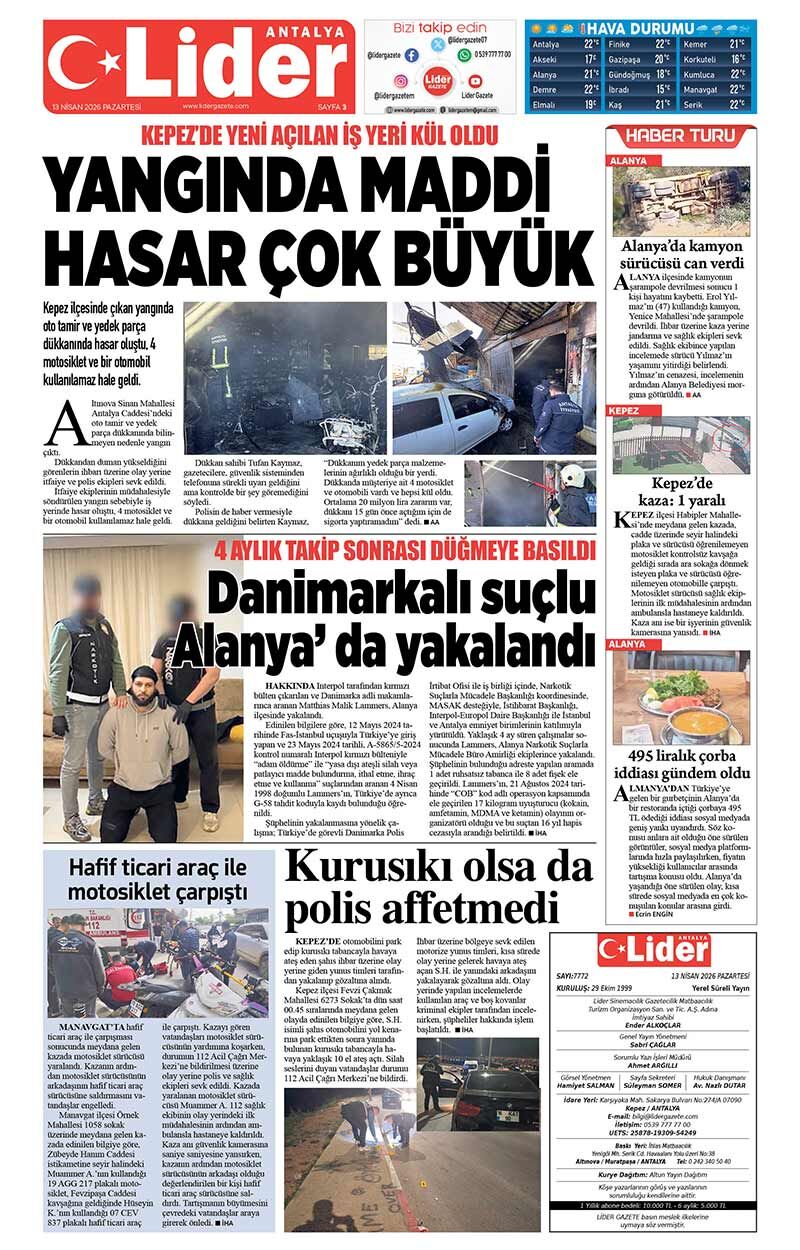 13 N İ S A N 2026 L İ D E R G A Z E T E A N T A L Y A 3