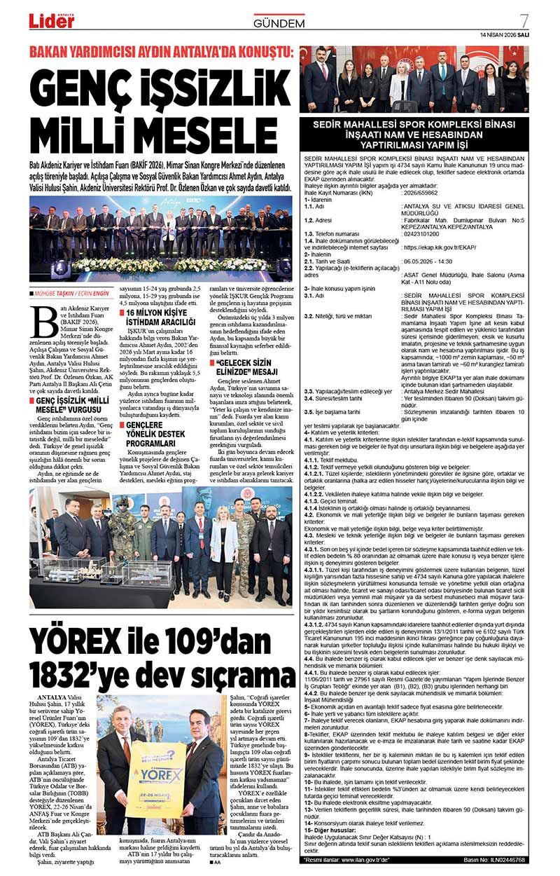 14 N İ S A N 2026 L İ D E R G A Z E T E A N T A L Y A 7