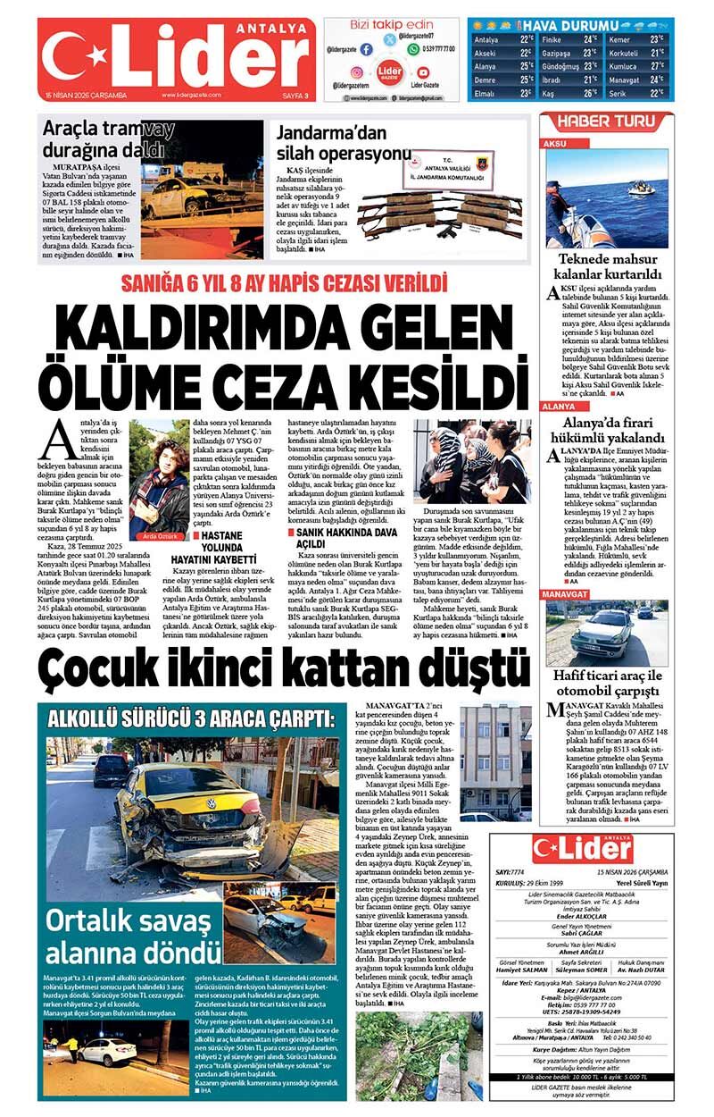 15 N İ S A N 2026 L İ D E R G A Z E T E A N T A L Y A 3