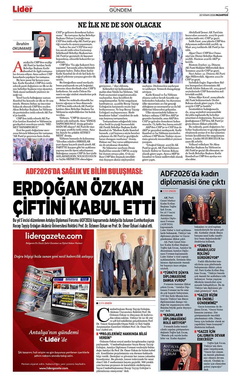 20 N İ S A N 2026 L İ D E R G A Z E T E A N T A L Y A 5
