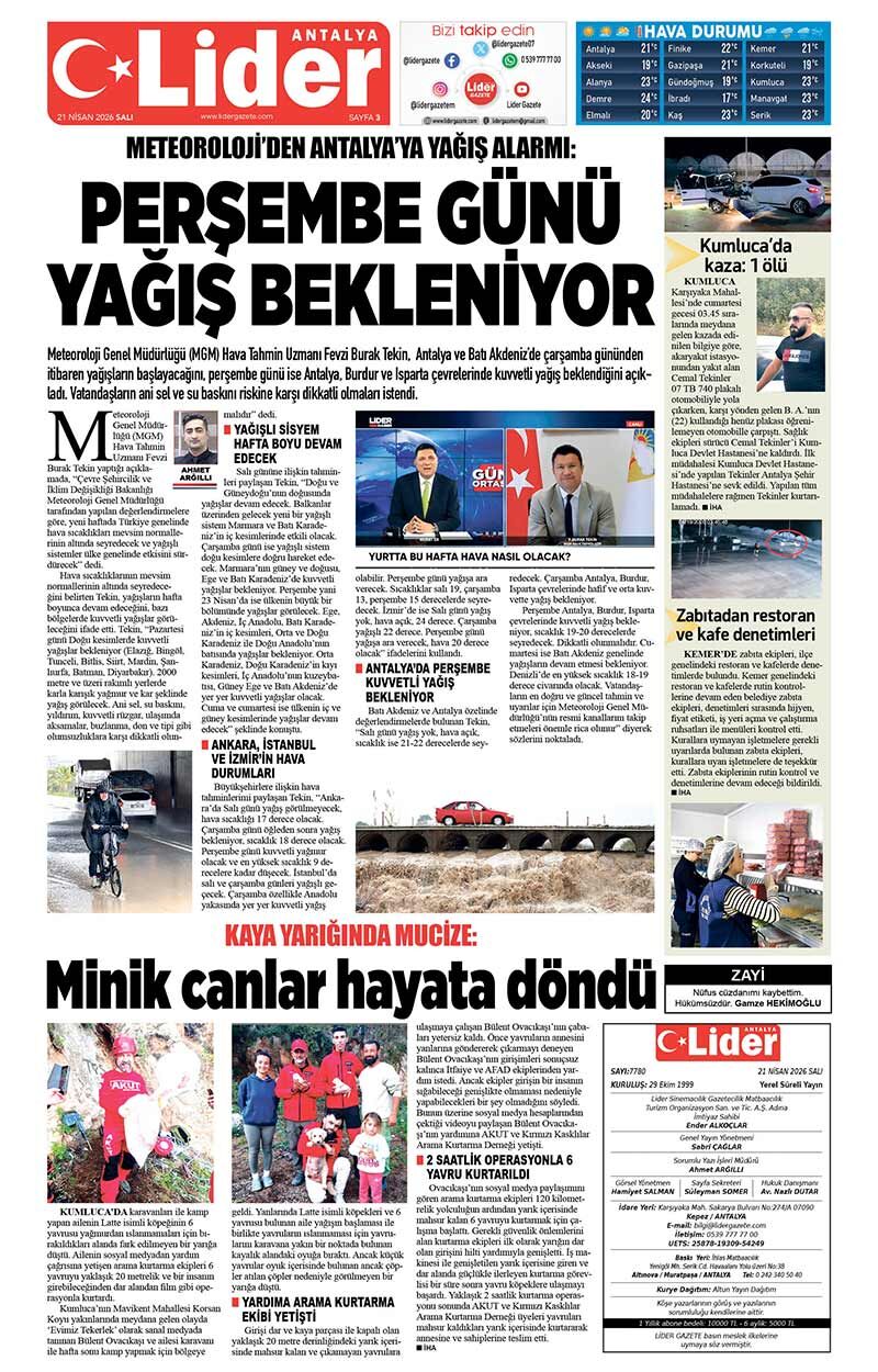 21 N İ S A N 2026 L İ D E R G A Z E T E A N T A L Y A 3