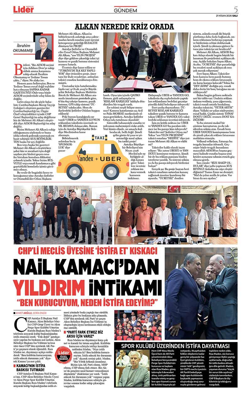 21 N İ S A N 2026 L İ D E R G A Z E T E A N T A L Y A 5