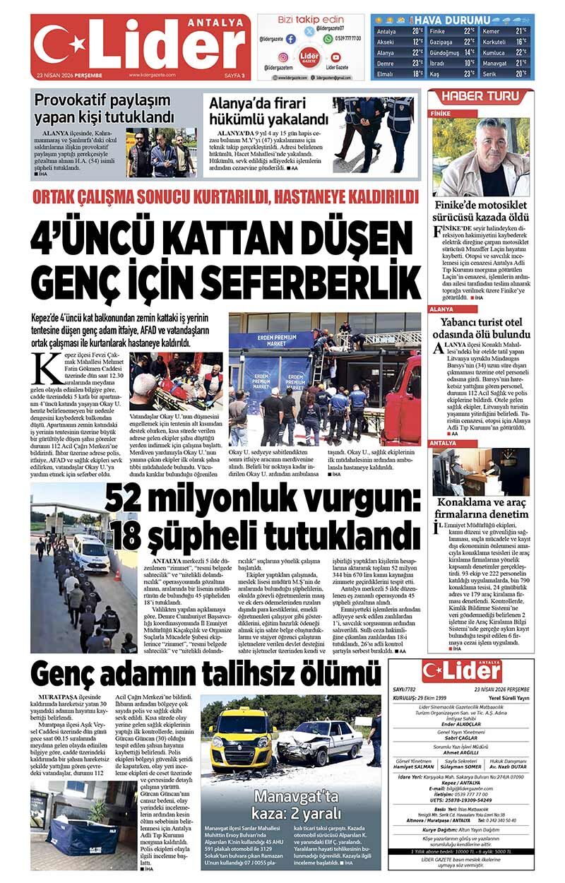 23 N İ S A N 2026 L İ D E R G A Z E T E A N T A L Y A 3