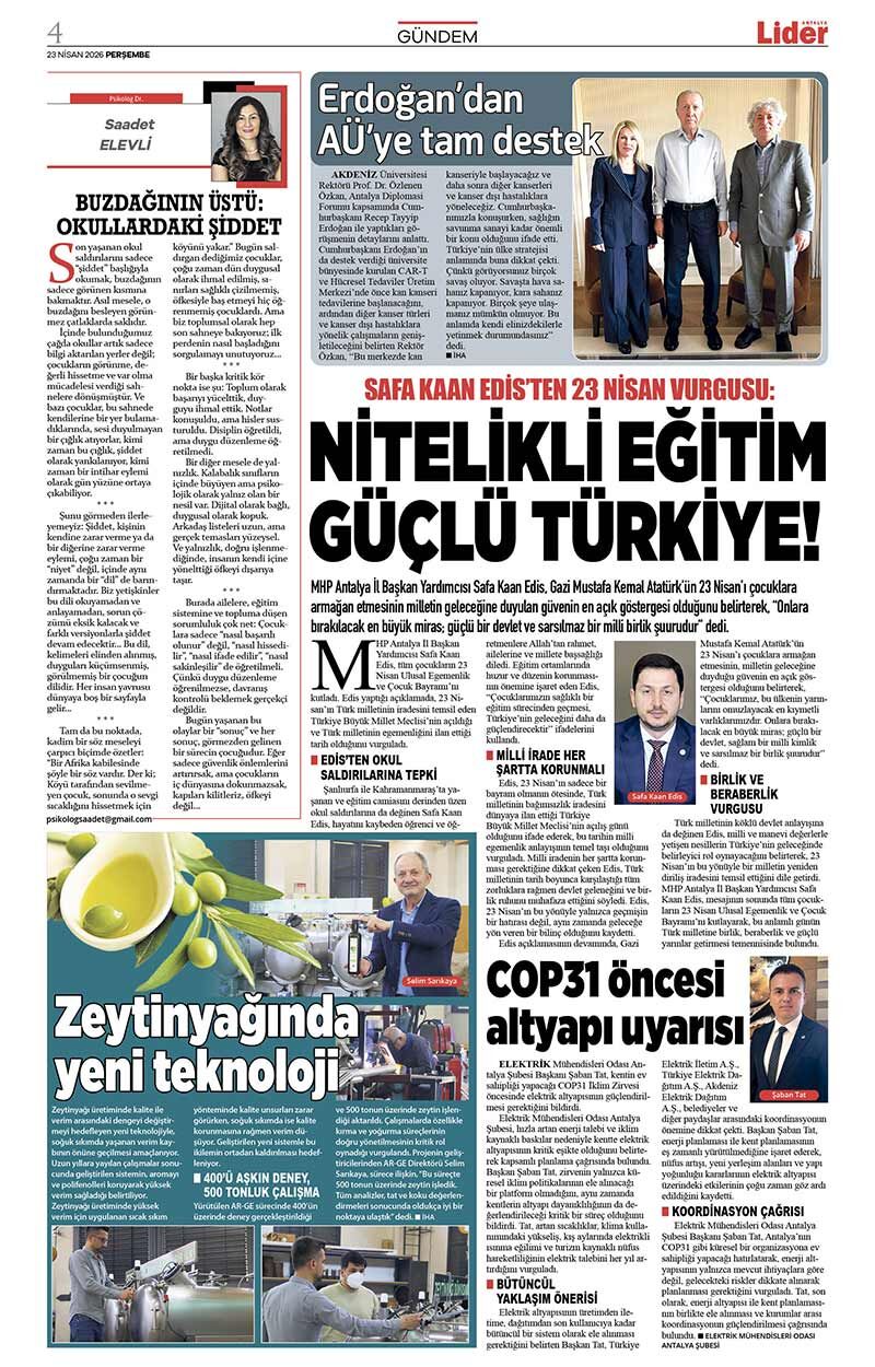 23 N İ S A N 2026 L İ D E R G A Z E T E A N T A L Y A 4