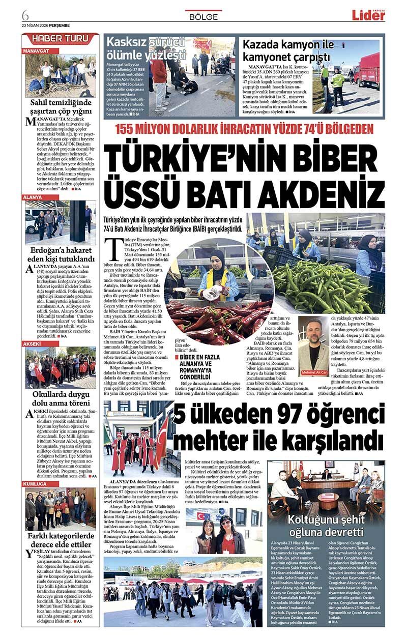 23 N İ S A N 2026 L İ D E R G A Z E T E A N T A L Y A 6