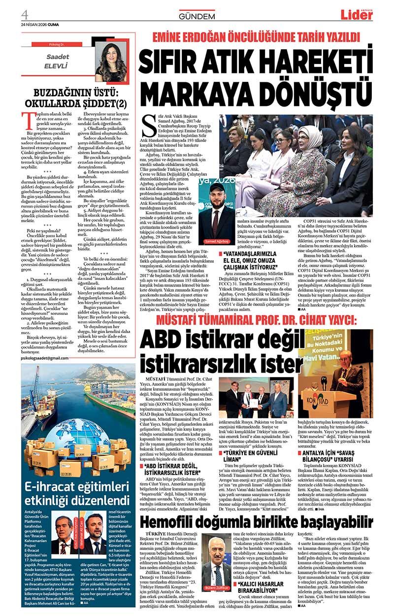 24 N İ S A N 2026 L İ D E R G A Z E T E A N T A L Y A 4