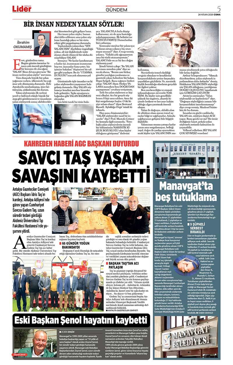 24 N İ S A N 2026 L İ D E R G A Z E T E A N T A L Y A 5