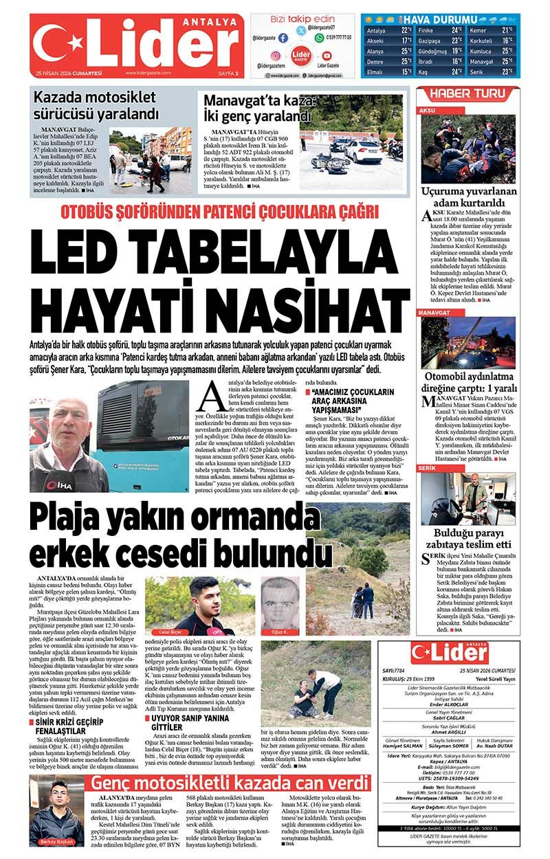 25 N İ S A N 2026 L İ D E R G A Z E T E A N T A L Y A 3