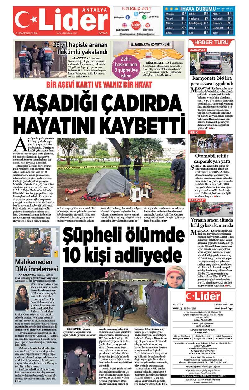 3 N İ S A N 2026 L İ D E R G A Z E T E A N T A L Y A 3