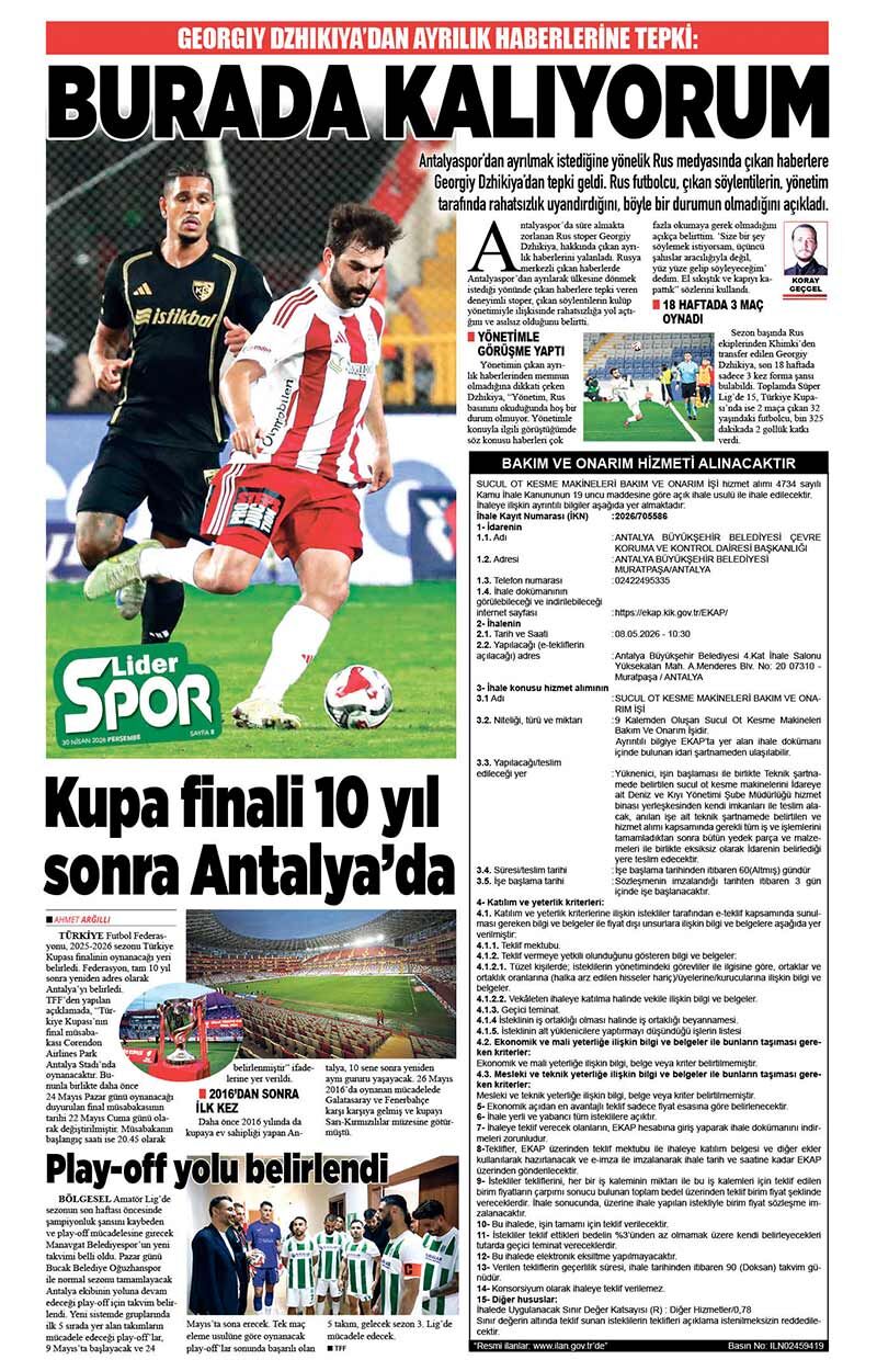 30 N İ S A N 2026 L İ D E R G A Z E T E A N T A L Y A 8