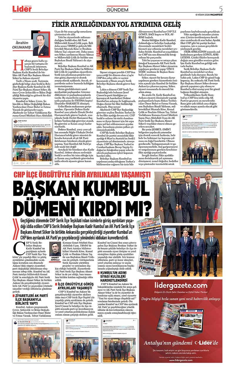 6 N İ S A N 2026 L İ D E R G A Z E T E A N T A L Y A 5