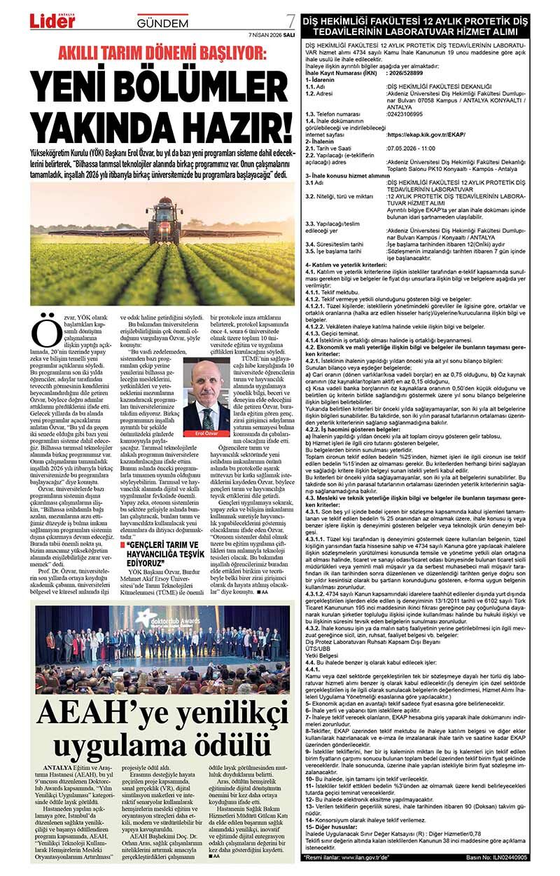 7 N İ S A N 2026 L İ D E R G A Z E T E A N T A L Y A 7