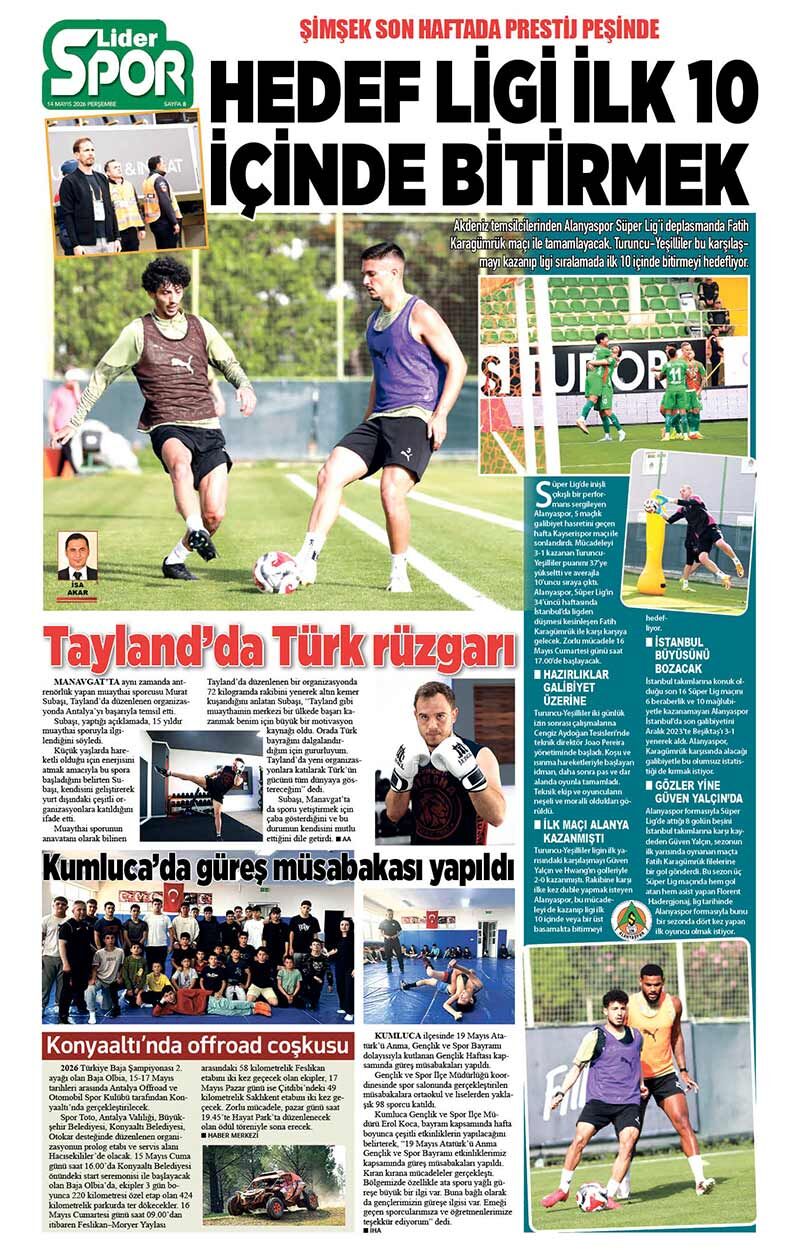 14 M A Y I S 2026 L İ D E R G A Z E T E A N T A L Y A 8