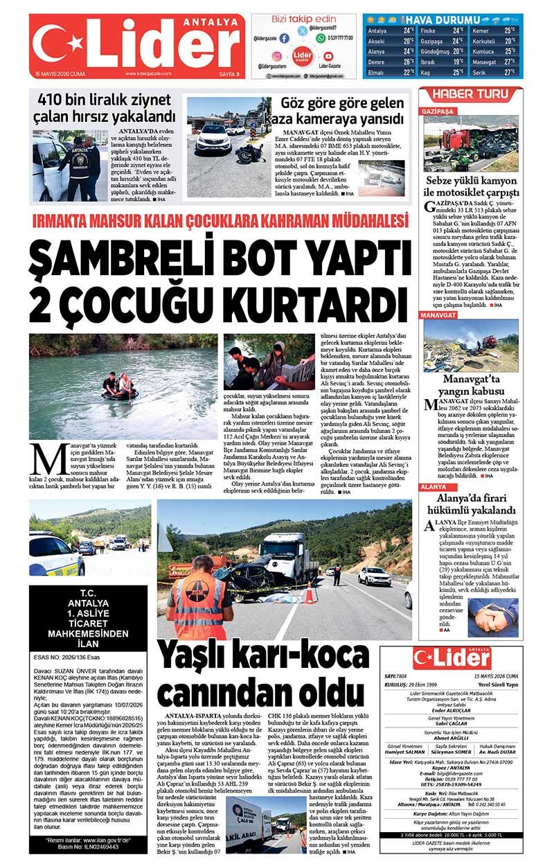 15 M A Y I S 2026 L İ D E R G A Z E T E A N T A L Y A 3