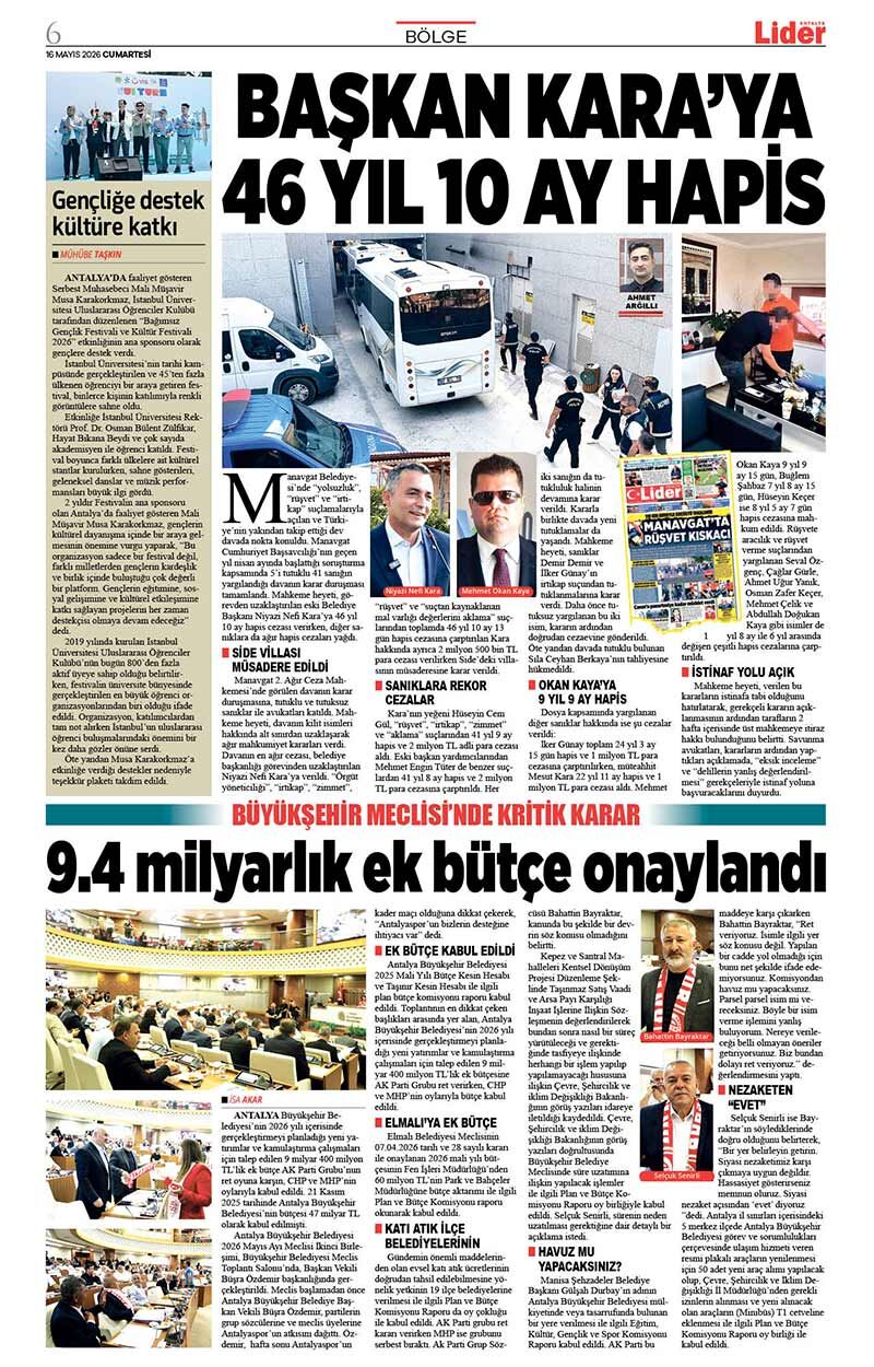 16 M A Y I S 2026 L İ D E R G A Z E T E A N T A L Y A 6