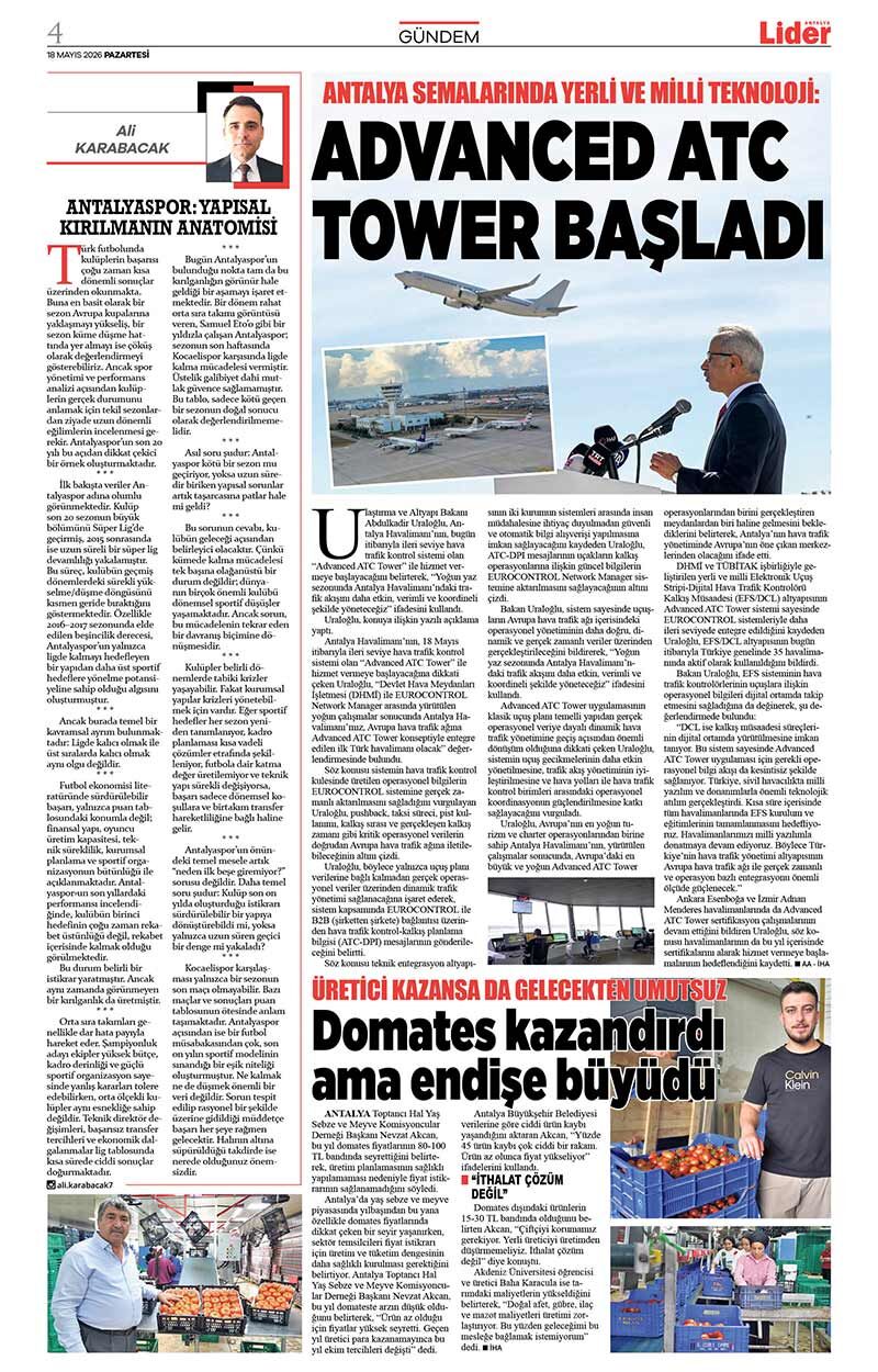18 M A Y I S 2026 L İ D E R G A Z E T E A N T A L Y A 4