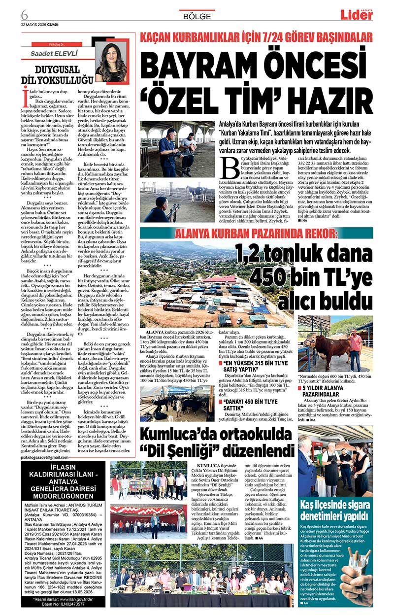 22 M A Y I S 2026 L İ D E R G A Z E T E A N T A L Y A 6