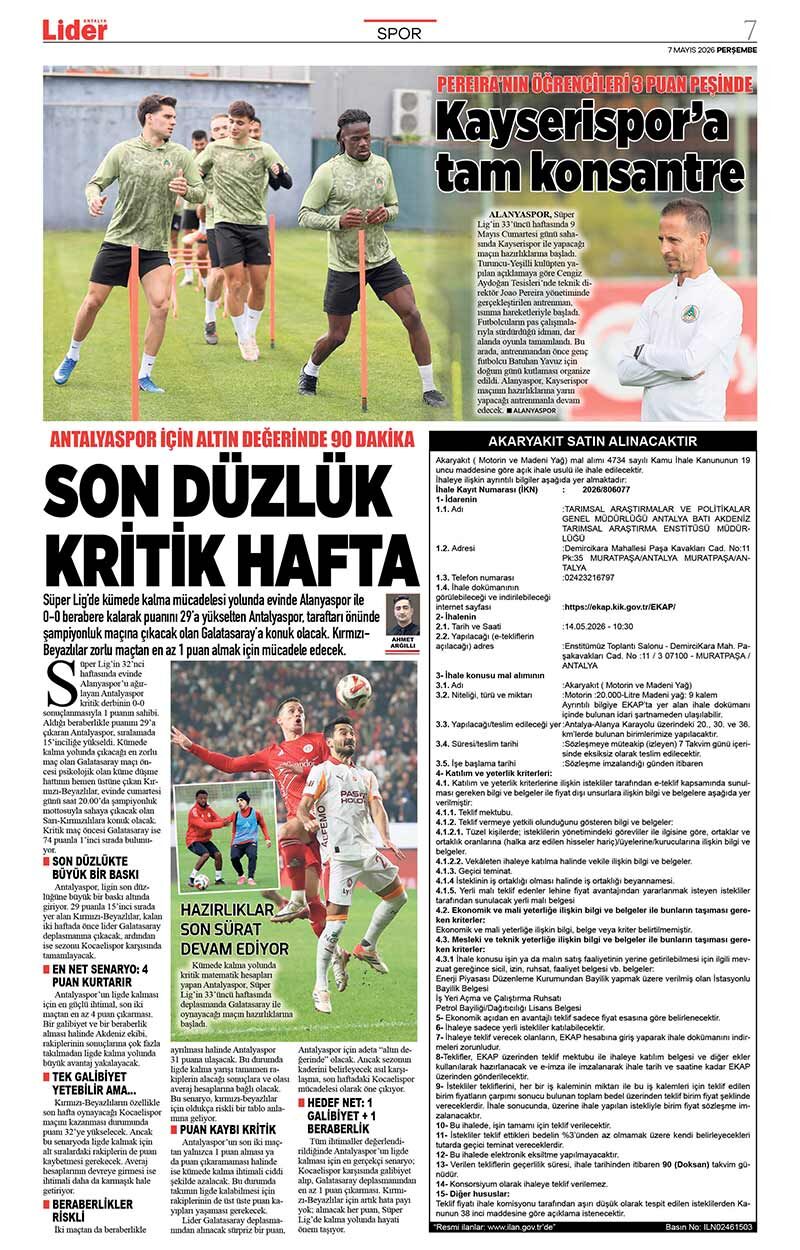 7 M A Y I S 2026 L İ D E R G A Z E T E A N T A L Y A 7