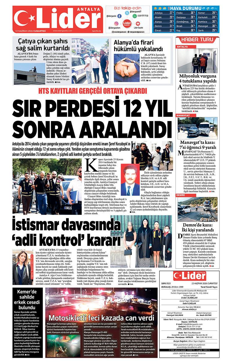 13 H A Z İ R A N 2026 L İ D E R G A Z E T E A N T A L Y A 3