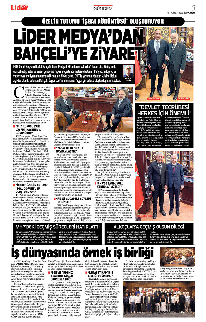 13 H A Z İ R A N 2026 L İ D E R G A Z E T E A N T A L Y A 5