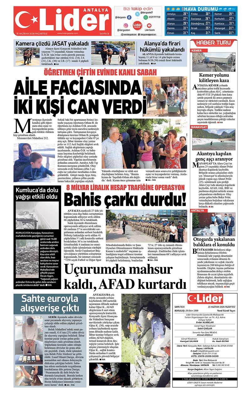 15 H A Z İ R A N 2026 L İ D E R G A Z E T E A N T A L Y A 3