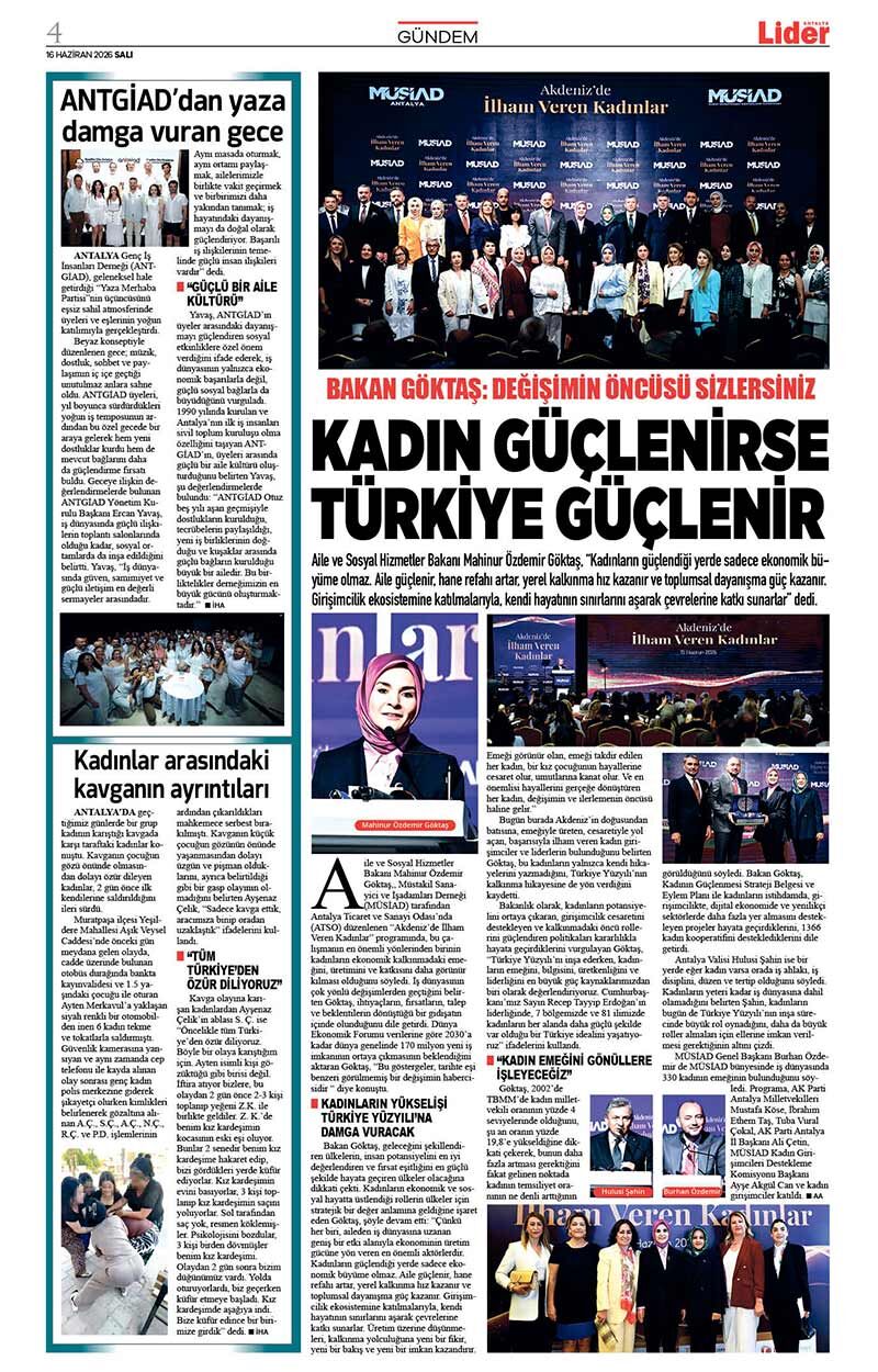 16 H A Z İ R A N 2026 L İ D E R G A Z E T E A N T A L Y A 4