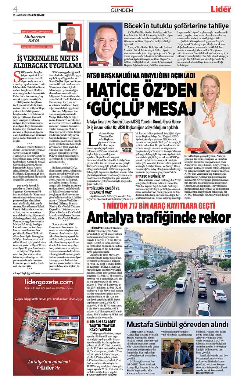 18 H A Z İ R A N 2026 L İ D E R G A Z E T E A N T A L Y A 4