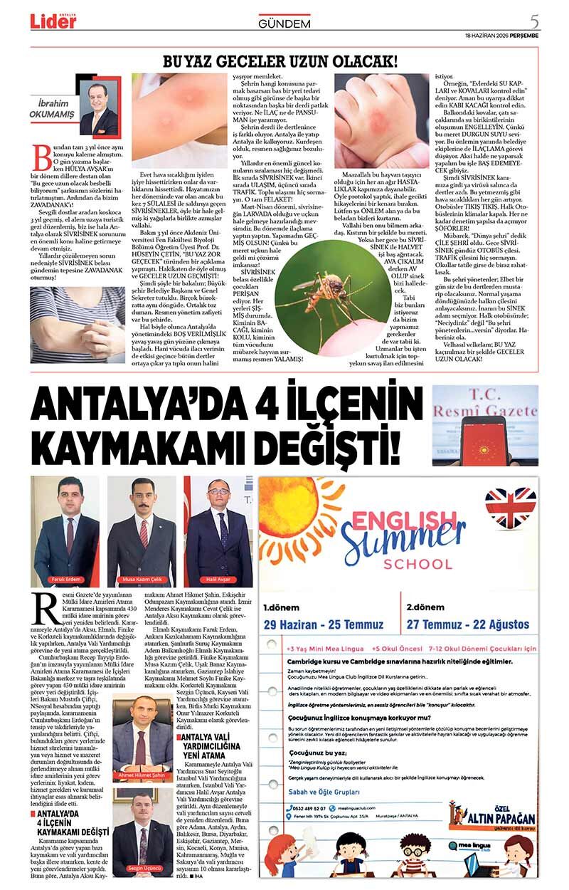 18 H A Z İ R A N 2026 L İ D E R G A Z E T E A N T A L Y A 5